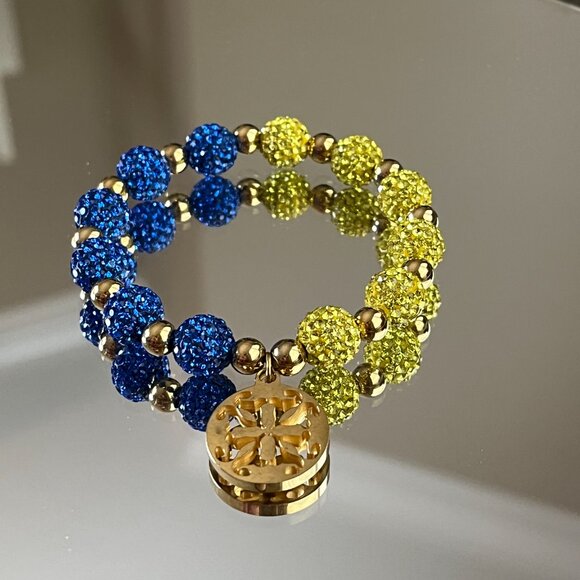 Rustic Cuff Metal Stainless Steel Shambala Beaded Stretch Bracelet yellow blue - Picture 2 of 3